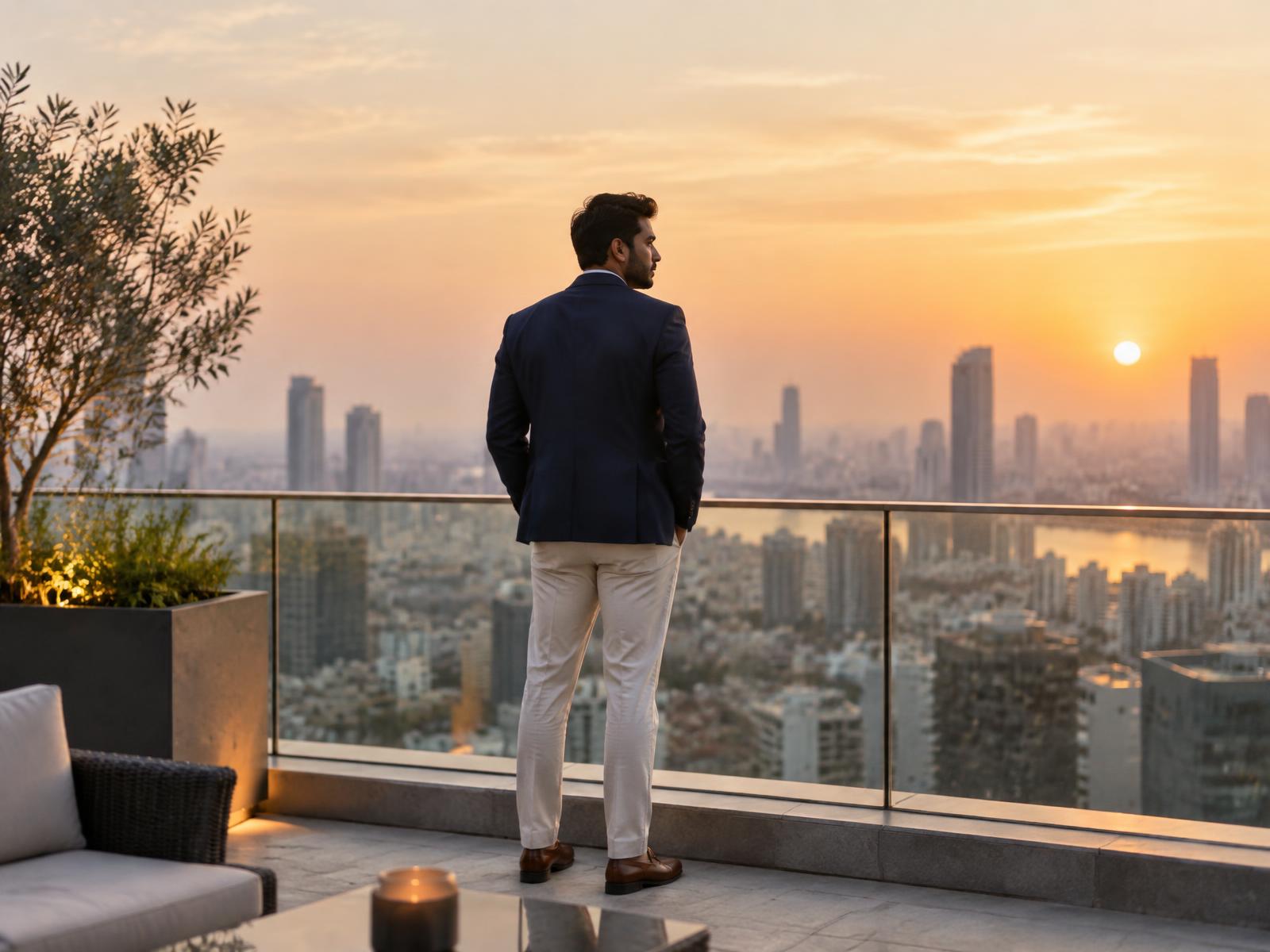 A person standing at the top of broad steps, looking toward an open horizon