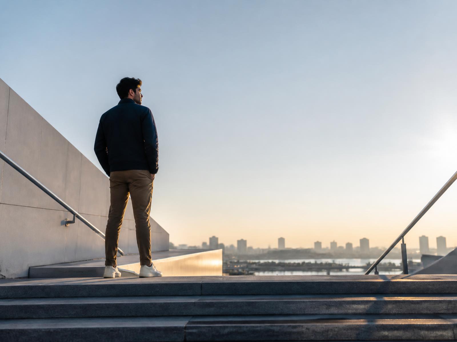 A person standing at the top of broad steps, looking toward an open horizon